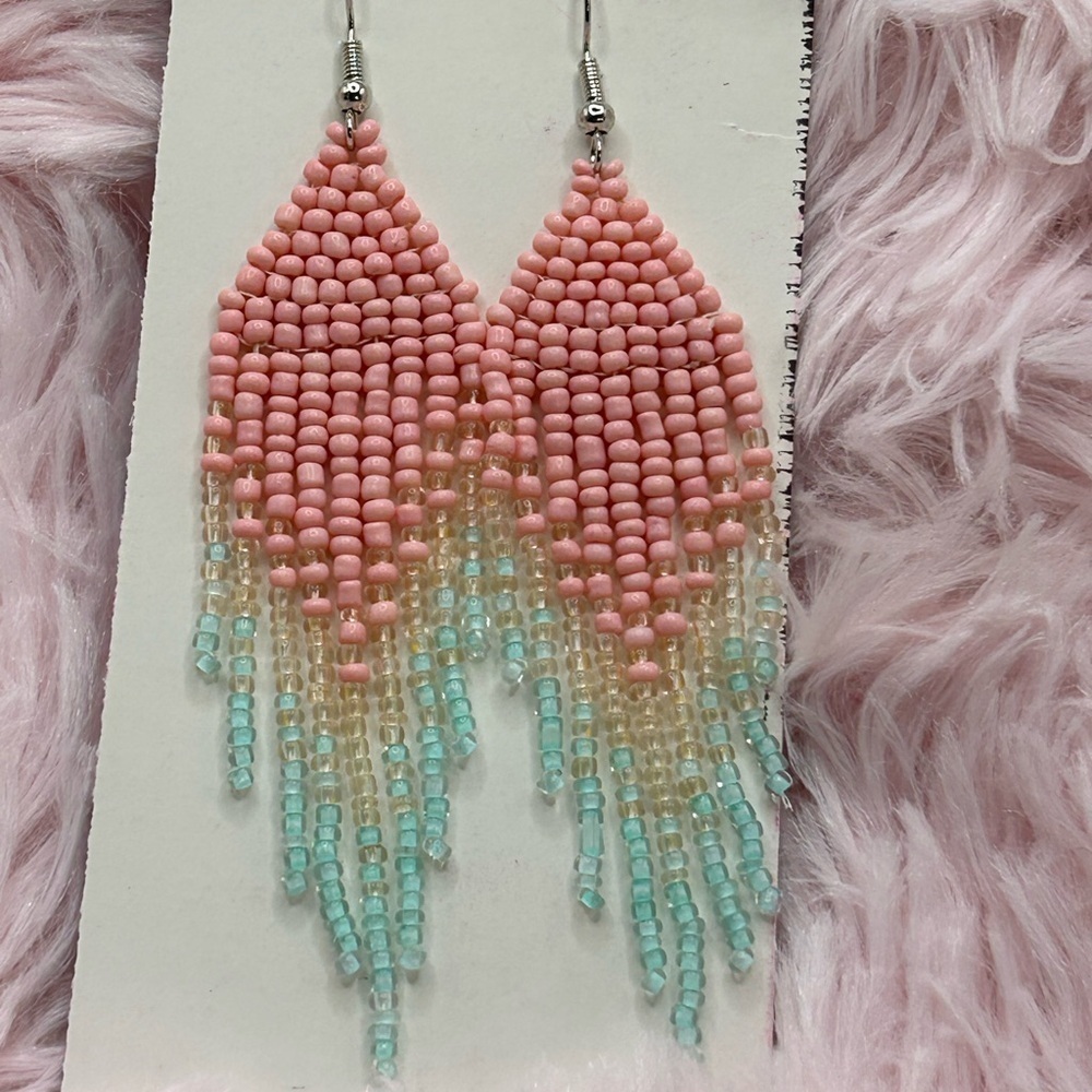 Pink, Cream & Aqua Ombre Fringe Earrings
